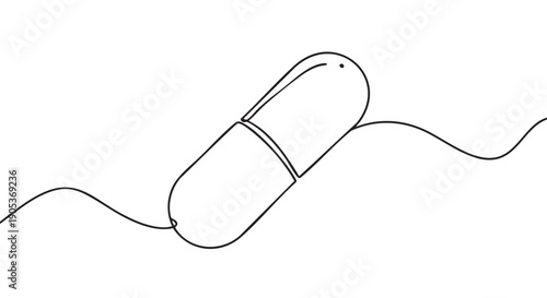 Single black continuous line drawing capsule pill with a small dot detail, forming a wavy abstract medical illustration in a minimalist style
