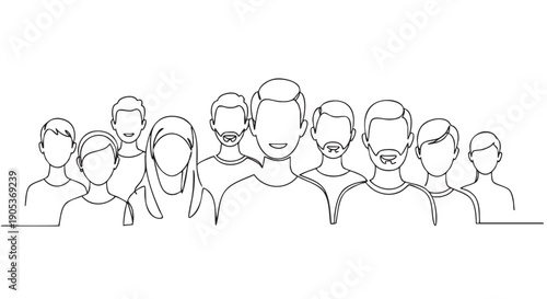 Diverse group of smiling people are depicted in a minimalist continuous line art illustration, showcasing community and connection with a positive mood