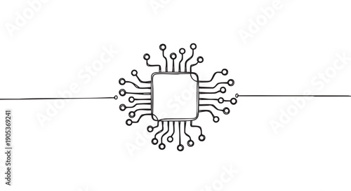 Hand-drawn doodle style microchip illustration shows a central square processor with numerous connecting circuit lines radiating outwards, presented in a clean, artistic black and white sketch