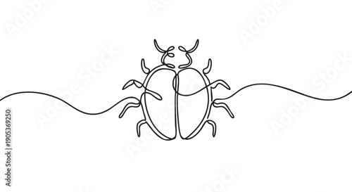 Minimalist continuous line drawing of a beetle, elegantly rendered in black ink on a clean, bright surface, showcasing a simple and modern artistic style