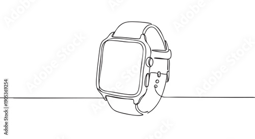 Minimalist continuous line drawing of a modern smartwatch with a rectangular display and side controls, presented in a clean, artistic illustration style