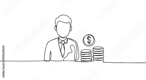 Continuous line drawing of a businessman in a suit and tie standing next to stacks of coins and a dollar sign, depicted in a minimalist financial concept
