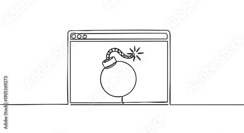 Continuous line drawing of a browser window displaying a round bomb with a lit fuse and sparks, symbolizing a critical error or security threat in a digital context
