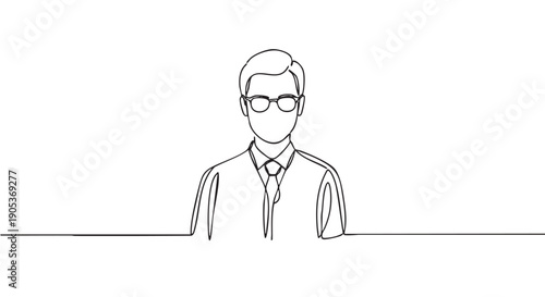 Continuous line drawing of a man wearing glasses, a collared shirt, and a tie, depicted in a minimalist and modern art style with clean black lines