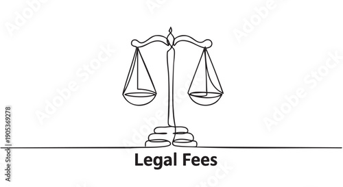 Black continuous line justice scale drawing with the words 'Legal Fees' below, representing the financial aspect of legal services in a clean, symbolic illustration