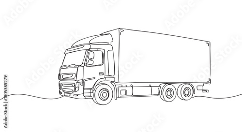 Modern semi-truck with trailer is depicted in a minimalist continuous line art drawing, showcasing its sleek design and large cargo capacity with elegant black lines