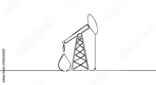 Continuous line drawing of an oil pumpjack extracting a large drop of crude oil, rendered in a minimalist black and white vector art style