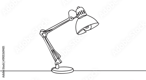 Minimalist continuous line drawing desk lamp with an adjustable arm and conical shade sits on a surface, depicted in a modern, simple black and white illustration style