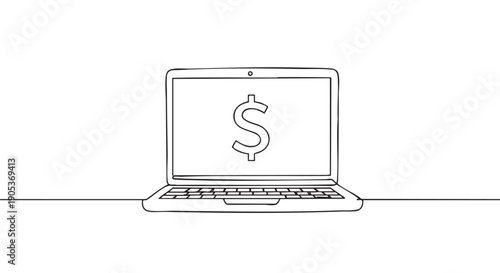 Minimalist continuous line art laptop displays a dollar sign on its screen, symbolizing online earnings and digital finance in a simple, conceptual illustration