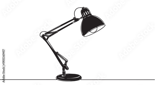 Classic black adjustable desk lamp is depicted in a minimalist continuous line art illustration, featuring a bold graphic style and simple design