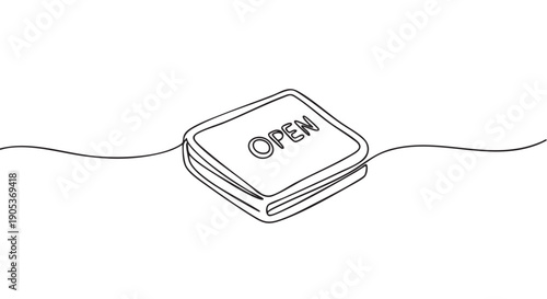 Minimalist continuous line drawing of a rectangular box with the word 'OPEN' clearly visible on its top surface, rendered in a modern artistic style