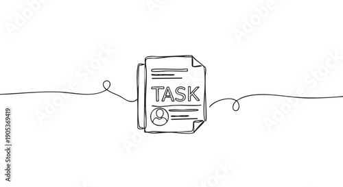 Minimalist continuous line drawing of a task document with a person icon and text, illustrating concepts of productivity and organization in a simple artistic style