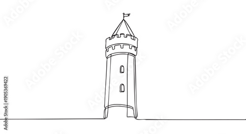 Single continuous line drawing of a medieval castle tower, featuring a pointed roof with a flag, crenellated battlements, and two arched windows, rendered in a minimalist artistic style