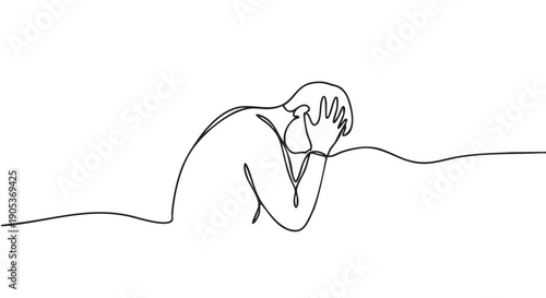 Continuous line drawing of a person with head in hands, illustrating profound sadness, despair, and emotional distress with a minimalist aesthetic
