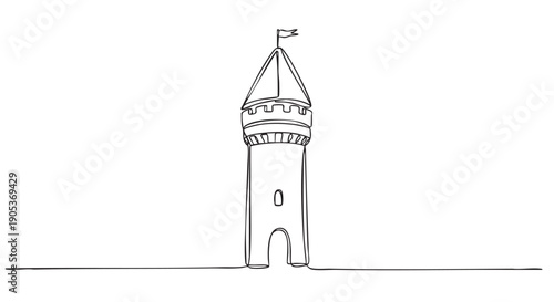 Simple continuous line drawing of a majestic castle tower featuring a pointed roof, battlements, and a small flag, presented in a minimalist, illustrative style
