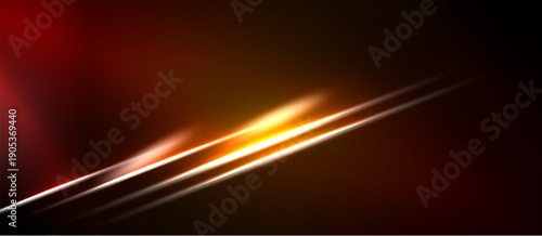 Abstract background features bright lines, gradients. Red, orange hues dominate dark space. Dynamic composition suggests speed, energy.