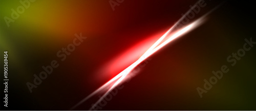 Abstract background features vibrant red, orange, green hues. Diagonal light streaks create dynamic visual impact. Dark borders frame composition.