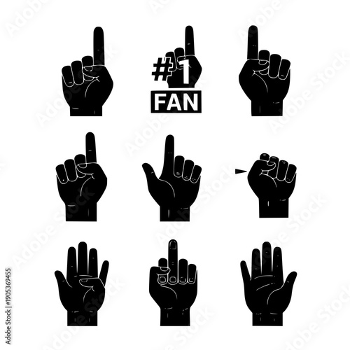 Number 1 sports fan foam hand icon silhouette black vector set