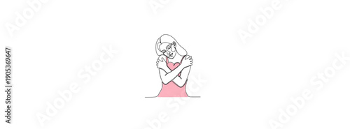 A young girl stands alone, lost in thought, with a contemplative expression, wearing a dress, in a minimalist illustration style.