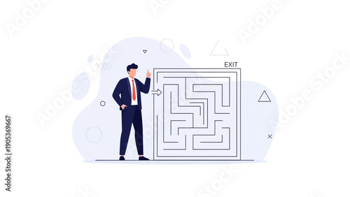 Businessman solving a complex maze, finding the exit, business strategy concept
