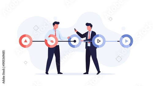 Businessmen collaborating on project timeline with progress markers