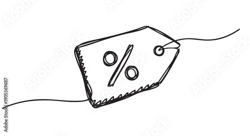 Hand-drawn black line art percentage tag, featuring a jagged edge and a string, vividly illustrates a discount or sale concept with a simple, sketchy style