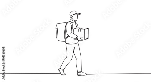 Delivery person walks, carrying a package and a large delivery bag, depicted in a minimalist continuous single line art style, conveying efficient service