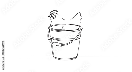 Minimalist continuous line drawing of a chicken sitting inside a metal bucket, rendered with a clean, simple aesthetic and a smooth, flowing stroke