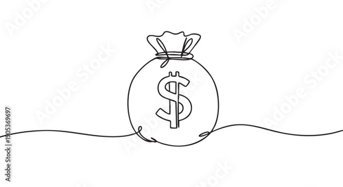 Black continuous line art money bag with a dollar sign symbolizes wealth, finance, and investment in a simple, minimalist graphic style