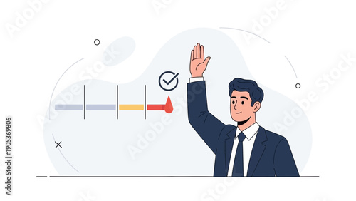 Businessman Raising Hand for Vote or Answer, Checklist and Progress Bar