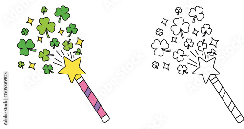 Magic wand casting shamrocks and stars. Vector illustration with colored and outline versions for coloring book activity.