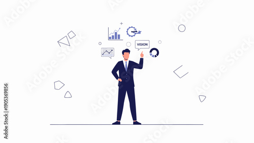 Businessman with a Vision, pointing up, surrounded by infographics and geometric shapes