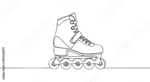 Single black continuous line drawing of an inline skate, featuring four wheels, laces, and buckles, rendered in a minimalist artistic style from a side view