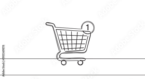 Continuous line art shopping cart icon with a number one item count, rendered in a minimalist black and white style, symbolizing online commerce and purchase