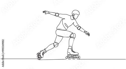 Continuous line drawing of a person rollerblading in a dynamic pose, wearing a helmet and protective pads, showcasing an active and energetic lifestyle