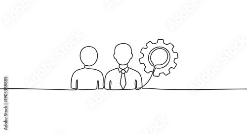 Minimalist continuous line drawing of two abstract figures and a gear, symbolizing collaboration, teamwork, and problem-solving in a business context with a clean, conceptual aesthetic