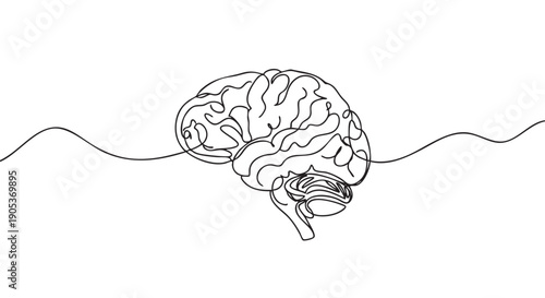 Continuous single line drawing of a human brain, depicted in a minimalist side profile view with intricate folds, symbolizing thought, intelligence, and mental health