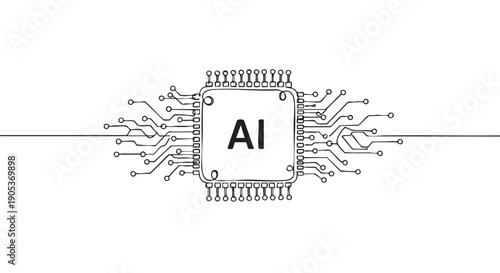 Hand-drawn black and white microchip illustration featuring 'AI' text at its core, with circuit lines extending outwards from the processor pins