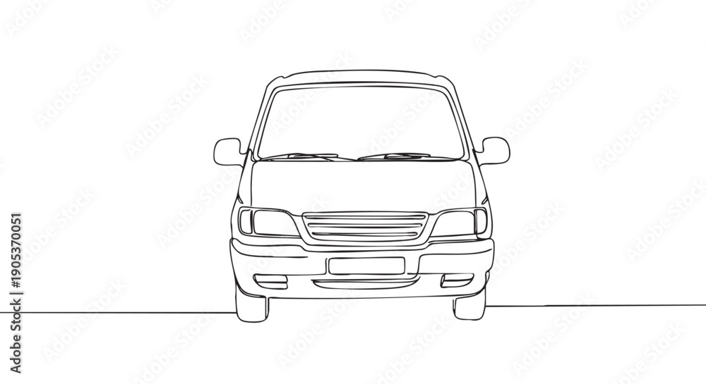 Obraz premium Minimalist continuous line drawing of a front-facing van, showcasing its simple design with clean black outlines on a bright, clear surface