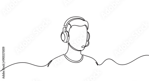Continuous line drawing of a person wearing headphones with a microphone, depicted in a minimalist single-line art style, conveying communication and support