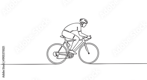 Minimalist continuous line drawing of a cyclist wearing a helmet and cycling gear, actively riding a bicycle in a dynamic side profile view