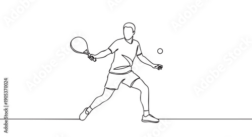 Continuous line drawing of a male athlete playing a dynamic racket sport, captured in a minimalist, energetic pose with a ball in mid-air