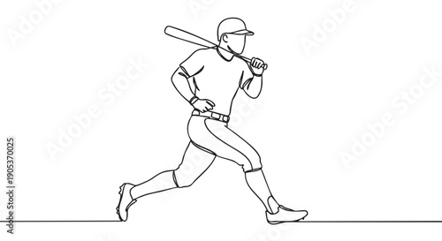 Continuous line drawing of a baseball player running with a bat over his shoulder, depicted in a dynamic and minimalist black outline style