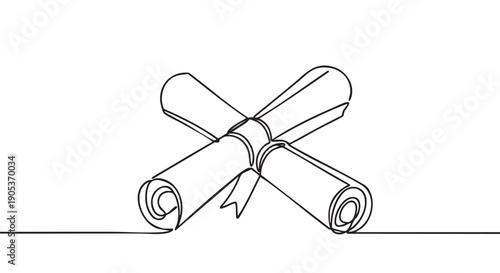 Two elegant rolled diplomas tied with a ribbon are depicted in a minimalist continuous line art style, symbolizing academic achievement and completion