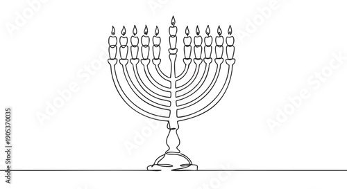 Continuous single-line art menorah with nine lit candles, elegantly drawn in a minimalist black outline style, symbolizing celebration and tradition