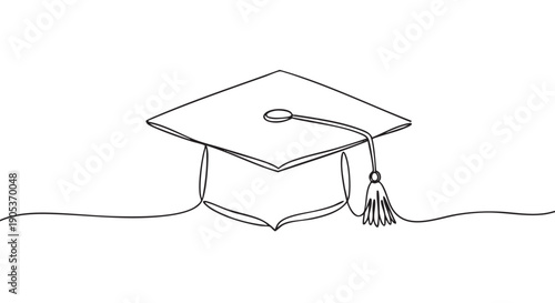Minimalist continuous line art graduation cap with a tassel is elegantly drawn in black on a clean surface, symbolizing education and achievement