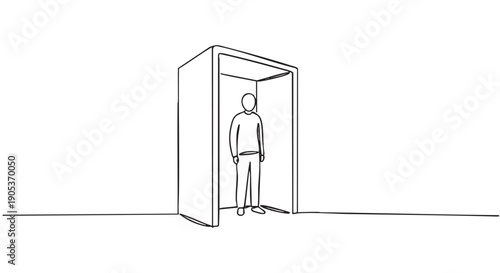 Minimalist continuous line drawing of a person standing within a simple rectangular archway, depicted with a clean, modern aesthetic and a single flowing stroke