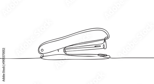 Minimalist continuous line art stapler is depicted in a clean, elegant illustration, showcasing its iconic form with a single flowing black stroke on a bright field