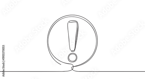 Minimalist continuous line drawing of an exclamation mark symbol enclosed within a circle, rendered with a smooth, flowing black stroke, conveying a sense of warning, attention, or importance