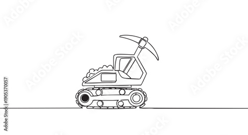 Continuous line drawing mining vehicle with a large pickaxe and loaded ore, depicted in a minimalist black and white art style with a single flowing stroke